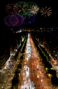 Champs Elysees at Night and Fireworks Paris France