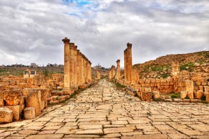 Ancient roman columns and paved streets in Jerash, Jordon